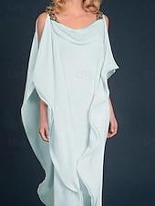 billiga Golvlängd-Strand Bröllop Sheath Mor till Bruden Klänning Bröllop Gäst Elegant Plus Size Juvel Uringning Golvlängd Chiffong Halv Ärmm med Pärlbrodering Kaskad Volanger fri skräddarsydd storlek