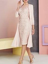 ieftine Seturi de rochii pentru mama-Două Piese Coloană Teacă Lungime Genunchi Rochie pentru invitata de nunta Rochie Mama Miresei Lungime Manșon 3/4 Boat Neck Elegant Epocă Plus Size Invitat la nunta Biserică Șifon Dantelă Rochii