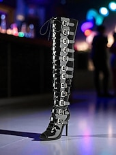 baratos Festa da Vida Noturna-Botas femininas brancas com fivela alta na coxa - botas de festa sexy com salto agulha e peep toe para mulheres, calçados da moda gótico punk para boates, apresentações de palco e festivais