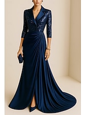 billige Tuxedokjoler-Havfrue Kveldskjoler Elegant Kjole Formell Bryllup Gulvlengde Langermet Knaphul Champagne Mother Of the Bride-kjole Elastisk satin med Glimmer Plissert 2025
