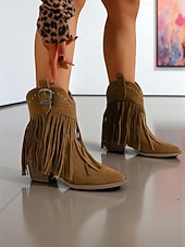 abordables Cowboy y botas occidentales-Botines de ante con flecos para mujer, ribete tachonado y hebilla estilo western, estilo vaquero bohemio.