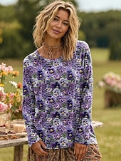 billige Blomster t-skjorte-Dame Plus Size T-skjorte Blomster Fargegradient Oljemaleri blomster Grunnleggende Langermet Rund Hals Vanlige topper Daglig Gå ut Weekend Trykk Rosa Rød Blå Lilla Grønn Vår Høst Forhøst