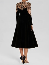 economico Abiti da cocktail-Abiti da cocktail in velluto elasticizzato nero con applicazioni in pizzo ricamato a trapezio, eleganti, formali, da sposa, lunghezza tè, maniche lunghe, girocollo, 2025