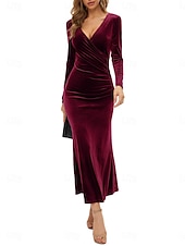 abordables Robe de cocktail-Femmes Robe Longue Maxi Robe Robe fourreau Élégant Sexy Coupe régulière Uni manche longue Col en V Noir Vin Vert foncé Violet Printemps Automne