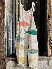 abordables Combinaison Animaux-Femmes Combinaison Vacances ancien Style Ethnique Longueur complète Taille Moyenne Animal Poisson Respirabilité Léger Doux Non Elastique Décontracté Occasionnel Quotidien Blanche Bleu Kaki Beige Ét