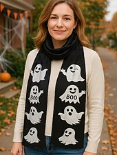 ieftine Accesorii de Halloween-Eșarfă imprimată de Halloween pentru femei – șal lung și confortabil cu modele de fantome, jack-o&#039;-lantern și vrăjitoare, accesoriu moale și ușor de toamnă pentru petreceri costumate, Halloween, festivaluri și purtare zilnică
