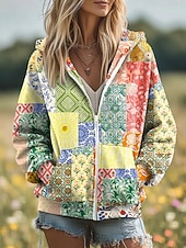 billige Blomstrete topper-Kvinners 3D Print Zip Up Hetter Blomster Grafisk Motemessig Kledelig Langermet Hetter Vanlige Topper Gate Hverdagsklær Patchwork Glidelås Lomme Gul Rosa Blå Lilla Grønn Vår Høst