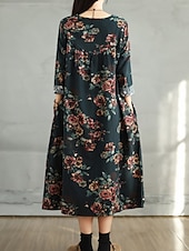 abordables robes imprimées en coton et lin-Femmes Robe maxi Robe trapèze Occasionnel Quotidien Coupe régulière Fleuri manche longue Col ras du cou Bleu marine Rouge Vert foncé Marron Été Automne