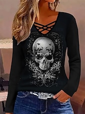 abordables Hauts d&amp;#39;Halloween-Halloween Femmes T-shirt Graphique Crâne Halloween ancien Élégant Classique manche longue Col en V Hauts Réguliers Quotidien Cravate Imprimé Noir Automne Hiver