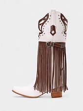 billige Cowboy og vestlige støvler-Blå og brune cowboystøvler med westernfrynser til dame – knehøye støvler med broderi i imitert skinn for rodeo-stil, countrykonserter og festivalantrekk