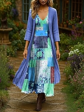 abordables Robe Fleurie-Femmes Robe Ensemble Robe Maxi Robe trapèze Vacances Boho Fleuri Graphique Superposé Imprimé Robe maxi Manche 3/4 Col en V Extérieur Quotidien Rose Claire Bleu Vert Printemps Automne Coupe régulière