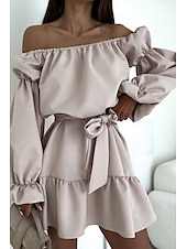 preiswerte Abschlusskleider-Damen Minikleid Schößchen Kleider Elegant Täglich Ferien Ausgehen Normale Passform Einfarbig Langarm Schulterfrei Schwarz Weiß Mauva Herbst