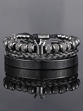 economico Gioielli da uomo-set di bracciali da uomo in acciaio inossidabile dorato: bracciale a 3 pezzi con corona di perline, polsino intrecciato e bracciale con numeri romani per abiti alla moda, feste e occasioni speciali