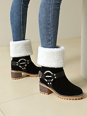 baratos Botas de neve e inverno-Botas femininas de camurça sintética com punho e fivela de pele de carneiro – botas casuais de inverno com salto grosso para atividades ao ar livre, viagens e looks aconchegantes