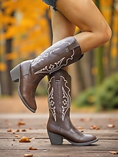 abordables Cowboy y botas occidentales-Botas vaqueras estilo western para mujer, color marrón moca, con detalles bordados en blanco y tacones de bloque, estilo bohemio estilo western.