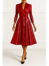 olcso Szmokingruhákkal-Szmoking ruha A-vonalú Előírásos Szatén Flitter Elegáns Szüret 3/4 ujjú rakott Midi Csúcs hajtóka Dupla soros