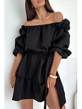 preiswerte Abschlusskleider-Damen Minikleid Schößchen Kleider Elegant Täglich Ferien Ausgehen Normale Passform Einfarbig Langarm Schulterfrei Schwarz Weiß Mauva Herbst