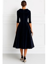 billige Ankellengde-A-linje Te-lengde Festkjole Cocktail Kjole Gjestekjole til bryllup Kjole til brudens mor Langermet Skjortekrage Elegant Årgang Formell Fløyel med Ruchiing Ensfarget