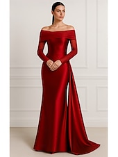 economico Vestiti da sera-Abito da sera colonna nero elegante formale per matrimonio ospite lunghezza pavimento maniche lunghe a spalle scoperte in satin con scialle arricciato