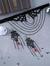 abordables Accesorios de Halloween-Conjunto de collar y pendientes de araña y calavera de Halloween para mujer: diseño de red de encaje negro con gema roja, perfecto para fiestas y disfraces de Halloween.