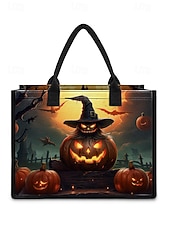tanie Torby-damska torba na Halloween z motywem dyni i nawiedzonego domu — duża, wielokrotnego użytku torba na zakupy z kieszenią na zamek i wytrzymałymi uchwytami, w stylu gotyckim, idealna na „cukierek albo psikus”, imprezy kostiumowe i do codziennego użytku