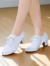 baratos Ténis de Dança-Sapatos de dança brancos com cadarço para mulheres - calçados de salão de salto grosso e brilhante com design de malha respirável para prática e performance