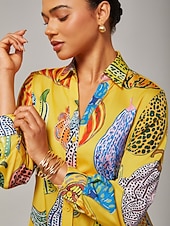 preiswerte Blumenkleider-Damen Hemdkleid lässig V-Ausschnitt asymmetrischer Saum geteiltes Design Kürbis-Print gelb