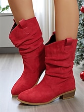 abordables Bottes souples-Bottes mi-mollet souples en faux daim rouge pour femmes avec talon bas et languettes de traction – chaussures d&#039;hiver et de vacances élégantes pour les tenues décontractées et Noël