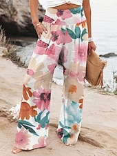 economico gamba larga e vita alta-Per donna Pantaloni in cotone e lino Gamba larga Chinos Vacanza Moda Casual Lunghezza intera Vita Alta Floreale Tasca Fascia Elastica Stampato Comodo Morbido Confortevole Micro-elastico All&#039;aperto