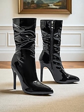 levne Slouch Boots-Dámské červené lakované kotníkové boty na jehlovém podpatku z umělé kůže se zapínáním na zip - stylová obuv na podpatku pro každodenní nošení, do nočních klubů i na diskotéku