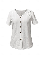 abordables Hauts en dentelle-Hauts en dentelle blancs élégants pour femmes Blouse en œillets Hauts quotidiens réguliers à manches courtes col en V Boutons Détente ample Hauts romantiques petits pour l&#039;été Vacances Blanc Rose