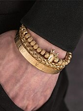 economico Gioielli da uomo-set di bracciali da uomo in acciaio inossidabile dorato: bracciale a 3 pezzi con corona di perline, polsino intrecciato e bracciale con numeri romani per abiti alla moda, feste e occasioni speciali