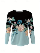ieftine tricou floral-Pentru femei Tricou Floral Grafic Plante Epocă Stilat Clasic Manșon Lung Stil Nautic Rotund Topuri obișnuite Zilnic Imprimeu Albastru Deschis Primăvară Toamnă Iarnă