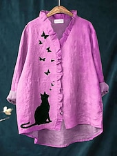 billige Dyr Topp-Dame Bluse Grafisk Katt Sommerfugl Elegant Bohem Aktiv Langermet V-hals Lange topper Daglig Ferie Ut på byen Drapering Gul Rosa Blå Lilla Grønn Vår Høst