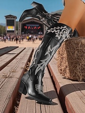 Недорогие Ковбой и западные ботинки-Женские коричневые ковбойские сапоги выше колена в стиле вестерн — ковбойские сапоги из искусственной кожи с вышивкой, острым носком и блочным каблуком для уличного стиля, повседневных нарядов на