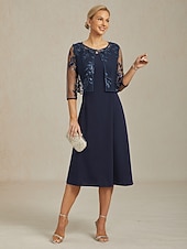  女性用 ブレザー ジャケット ライトウェイト レース 刺繍 スパンコール イリュージョンレース エレガント フラワー フォーマル 記念日 パーティー 結婚式のゲスト オープンフロント ショート クルーネック レギュラー 七分袖 アウターウェア ネイビーブルー 春 秋