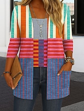 cheap Stripe&amp;Geometric Tops-Women&#039;s Shrugs Graphic Geometric Abstract Vintage Tropical Stylish Long Sleeve Crew Neck Regular Tops Daily Print Yellow Light Green Red Blue Brown Summer Spring Fall