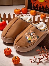 abordables Pour les femmes-Chaussons d&#039;Halloween doublés de polaire pour femmes - chaussures d&#039;intérieur confortables avec imprimé citrouille de dessin animé, semelle antidérapante douce, style automne-hiver chaud pour la maison et les cadeaux de vacances
