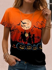preiswerte Halloween Oberteile-Halloween Damen T Shirt Grafik Schädel Halloween Vintage Stilvoll Klassisch Kurzarm Rundhalsausschnitt Normale Oberteile Täglich Wochenende Druck Schwarz Rote Leicht Braun Blau Orange Herbst Winter