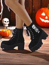 abordables Pour les femmes-Bottines gothiques à plateforme en daim noir pour femmes - Bottines à lacets et talons épais avec broderie squelette pour Halloween et cosplay d&#039;automne &amp;tenue de fête
