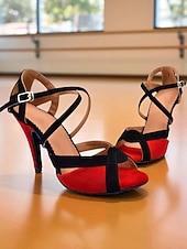 abordables Chaussures de danses latines-Chaussures de danse latine pour femmes en daim bleu et noir avec brides croisées, bout ouvert, talon haut - Chaussures de performance de salon professionnelles pour les compétitions et l&#039;entraînement