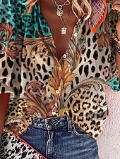 abordables Animaux Tops-Hauts bohèmes vintage à col en V et manches 3/4 pour femme, imprimé léopard, style décontracté, idéal pour la plage, l&#039;été, le printemps et l&#039;automne