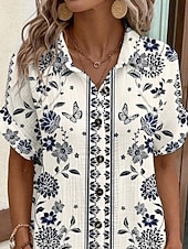 お買い得  花柄のドレスを印刷する-女性用 ミニドレス シャツドレス カジュアルドレス プリントドレス ファッション 近代の 日常 ビーチ 週末 レギュラー フラワー 半袖 シャツカラー ブルー 夏 春 秋