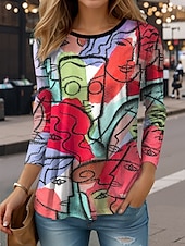abordables T-shirt Art &amp; Design-Femmes T-shirt Graphique Abstrait ancien Élégant Occasionnel manche longue Col ras du cou Hauts Réguliers Quotidien Imprimé Jaune Rouge Violet Vert Printemps Automne