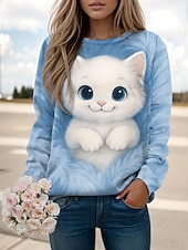 economico Animali Tops-Per donna Felpa Pullover Stampato Grafico Animale Gatto Casual Manica Lunga Girocollo Top Regolari Casuale Streetwear Ferie Blu Rosa Viola Verde Primavera Autunno Inverno