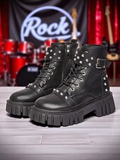 abordables Bottes motard-bottes motardes cloutées en similicuir noir pour femme avec semelle plateforme épaisse et fermeture éclair latérale &amp;Bottines à boucle style punk pour ados et femmes, idéales pour les concerts et le