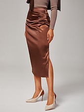 preiswerte Röcke-Damen Stretch Perlglanz Satin Elastische Taille Midirock Elegant Büro &amp;Partykleidung