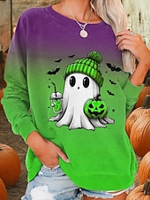 billiga Halloween toppar-halloween damtröjor grafisk mode casual långärmad rund hals vanlig topp gata vardagskläder casual tryck blå lila orange grön höst vinter