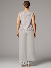 baratos Terninhos de calça da mamãe-Terninho Traje de 3 peças Longo Vestido Para Mãe dos Noivos Sem Manga Scoop pescoço Elegante Convidado do casamento Chiffon Renda Embrulho incluido com Lantejoulas