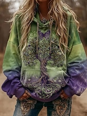 billige Boho topper-damegensere grafisk vintage daglig avslappet langermet v-hals vanlig topper tribal livets tre vintage designer grunnleggende trykk ferie gate ute daglig ferie trykk grønn høst vinter
